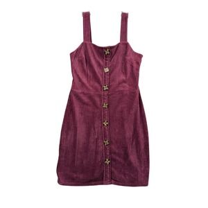 No Boundaries Juniors Large Corduroy Button Front Pinafore Mini Dress Burgundy